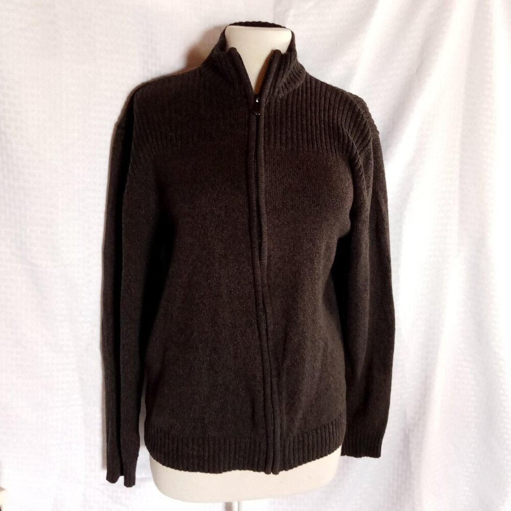 Gray black zip up size large made out of cotton and acrylic.